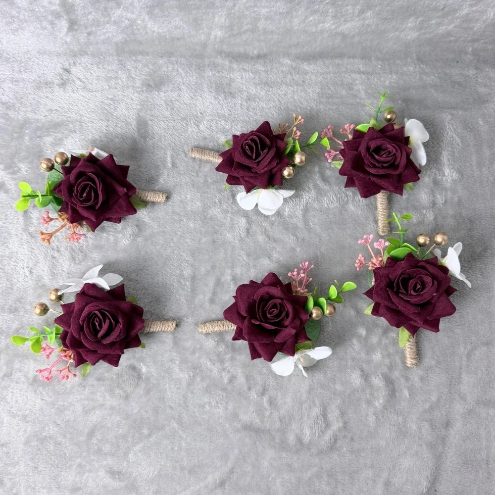 Boutonnière 6pc Burgundy Rose Gold Accents Rustic Wedding Formal Floral Groom